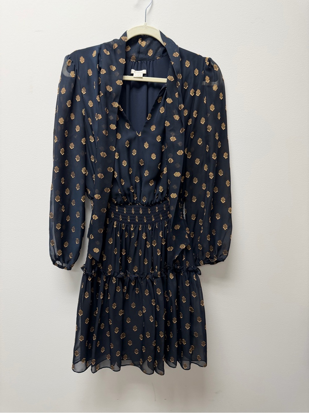 Shoshanna Navy Dress with Gold Motif Long Sleeves